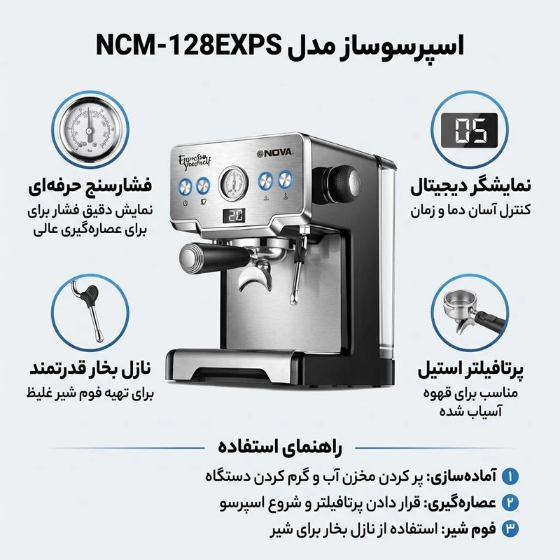 اسپرسوساز نیمه صنعتی 1700 میلی‌لیتری نوا مدل NCM-128EXPS، با مصرف پودر قهوه، مناسب تهیه اسپرسو، کاپوچینو و کافه لاته، دارای 1 عدد نازل قهوه، تنظیم میزان بخاردهی