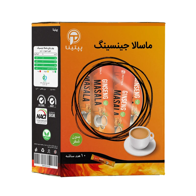 چای ماسالا با جینسینگ تشریفاتی بدون شکر و شیرین شده استویا پپتینا بسته 10 عددی