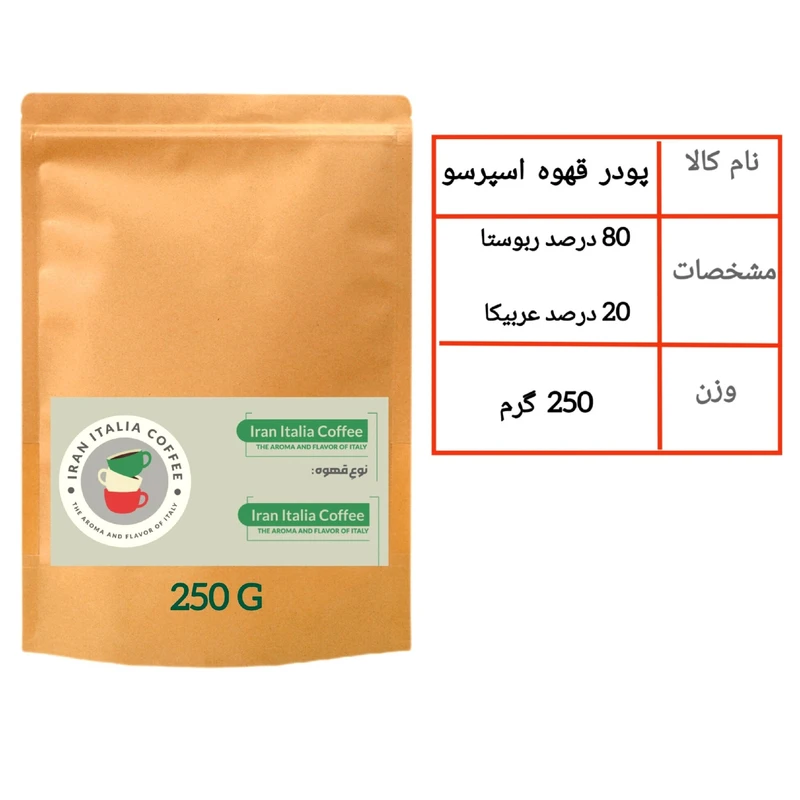 پودر قهوه اسپرسو 80 درصد روبوستا 20 درصد عربیکا ایران ایتالیا - 250 گرم