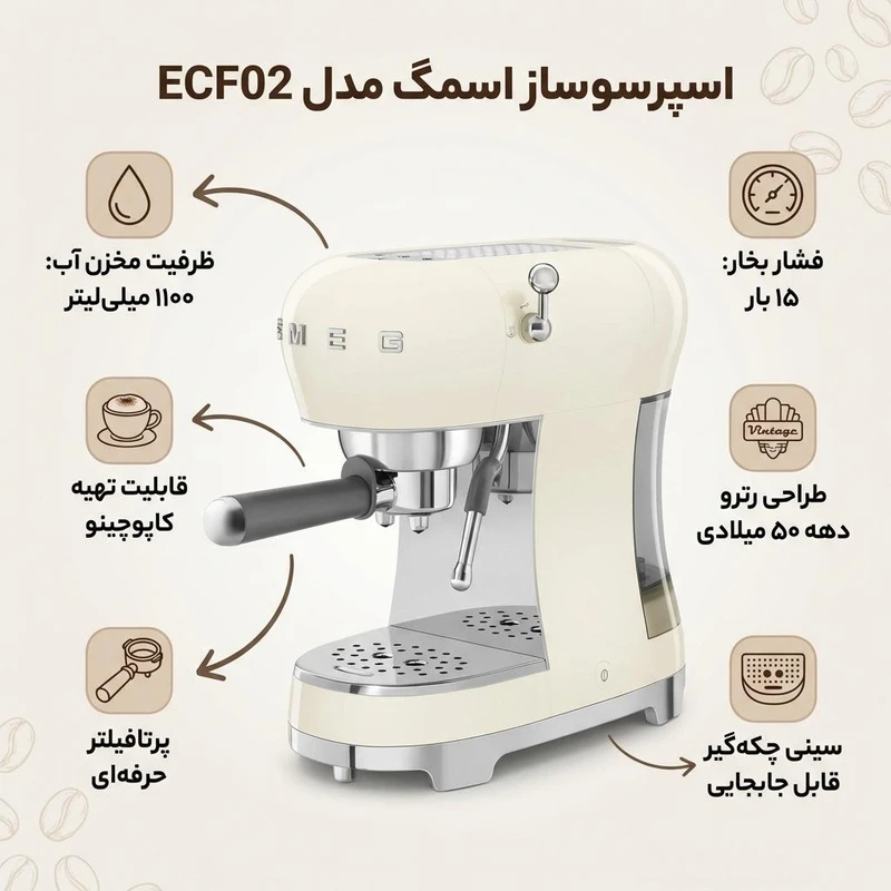 اسپرسوساز خانگی 1100 میلی‌لیتری اسمگ مدل ECF02، با مصرف پودر و پد قهوه، مناسب تهیه اسپرسو لانگو، کافه لاته و ماکیاتو، دارای 1 عدد نازل قهوه، سینی چکه گیر